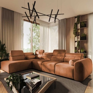 Narożnik z funkcją spania Cantare XI ceglasty lewostronny funkcjonalny i komfortowy narożnik o nowoczesnym designie pluszowa tkanina