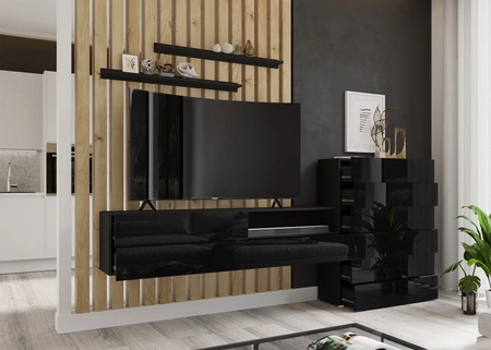 Meblościanka Almiros czarna / czarny połysk nowoczesny design system otwierania szuflad push to open meblościanka do salonu z komodą