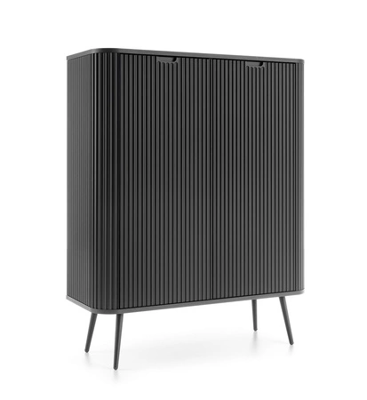 Komoda Zoya 103 cm czarna elegancki design owalny kształt bryły osadzony na czarnych metalowych nogach gustowny ryflowany front