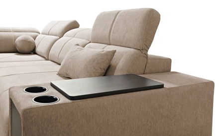 Narożnik z funkcją spania Tesalia IX brązowy lewostronny nowoczesny design komfortowe przesuwane oparcie szuflada w boczku mebla