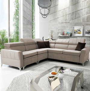 Narożnik z funkcją spania Rava IV jasny beż lewostronny velvet komfort podczas codziennego wypoczynku pojemnik na pościel