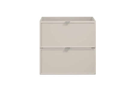 Zestaw mebli łazienkowych Bella beżowy minimalistyczny design elegancka frezowana ramka na frontach mebli uchwyty krawędziowe