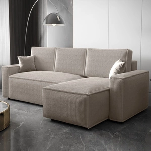 Narożnik z funkcją spania Nelo kość słoniowa prawostronny praktyczny i nowoczesny narożnik pokryty sztruksową tkaniną pojemnik na pościel