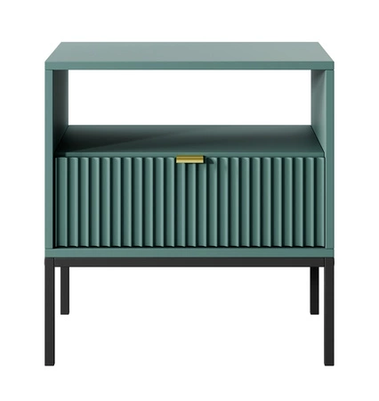 Szafka nocna z szufladą Lovro pastelowy zielony gustowny ryflowany dekor idealna szafka do sypialni złoty uchwyt krawędziowy