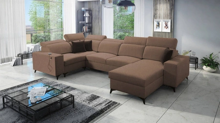 Narożnik z funkcją spania Kelly Sleek IV jasny brąz prawostronny narożnik rozkładany z pojemnikami na pościel pleciona tkanina