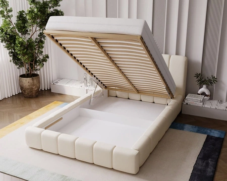 Łóżko tapicerowane Malmi 140x200 beżowe stylowe łóżko z pojemnikiem na pościel wygodny zagłówek zachwyca eleganckim designem