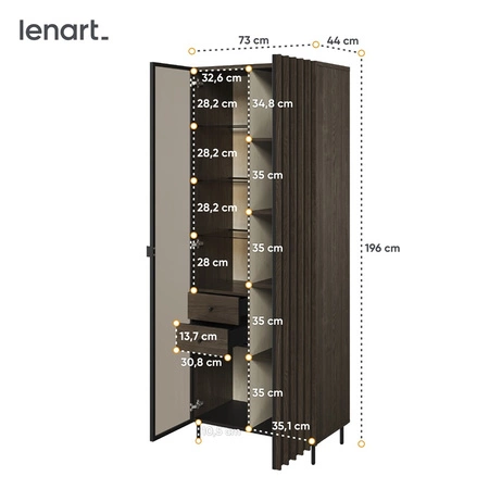 Witryna Piemonte 73 cm jesion portland / czarny elegancka witryna szklana z ukrytymi we wnętrzu szufladami i oświetleniem led