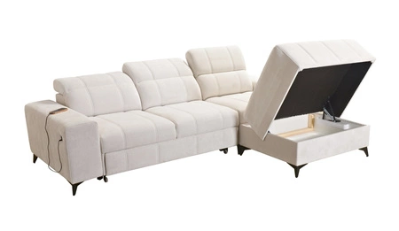 Narożnik z funkcją spania Penejos beżowy prawostronny elegancki narożnik z pojemnikiem na pościel komfortowe regulowane zagłówki