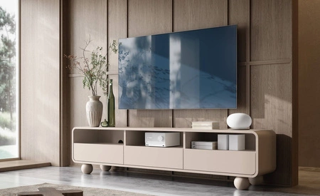 Szafka RTV Bion 180 cm beżowa nowoczesny design zaokrąglone linie szafki pod telewizor designerskie nogi w kształcie kul