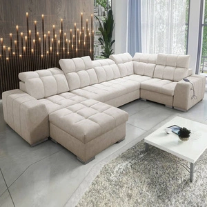 Narożnik z funkcją spania Luigi IV beżowy lewostronny elegancki narożnik do salonu wykonany z miękkiej tkaniny typu velvet
