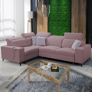 Narożnik z funkcją spania Kelly Sleek II lawendowy róż lewostronny elegancki narożnik do salonu wykonany z plecionej tkaniny