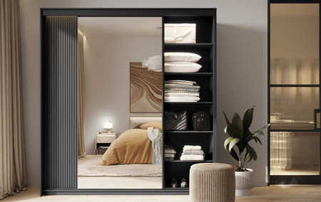 Szafa przesuwna z lustrem Trend 200 cm czarna stylowa szafa o nowoczesnym designie ryflowany front z subtelnym oświetleniem