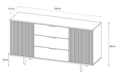 Komoda z szufladami Sula 150 cm beżowa elegancka i funkcjonalna komoda z ozdobnymi ryflowanymi frontami i metalowymi uchwytami