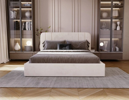 Łóżko tapicerowane Apis 160x200 beżowe stylowe łóżko z pojemnikiem na pościel wygodny zagłówek zachwyca eleganckim designem