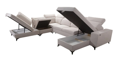 Narożnik z funkcją spania Kelly Sleek X brązowy prawostronny niezwykle elegancki narożnik do salonu z regulowanymi zagłówkami