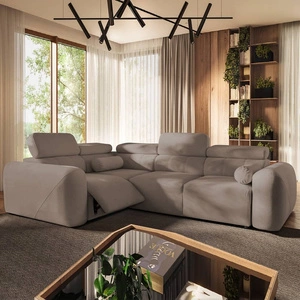 Narożnik z funkcją spania Cantare II Lux ciemny beż lewostronny komfortowy narożnik do salonu z podnoszonym podnóżkiem miękka tkanina