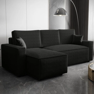 Narożnik z funkcją spania Nelo czarny lewostronny praktyczny i nowoczesny narożnik pokryty sztruksową tkaniną pojemnik na pościel