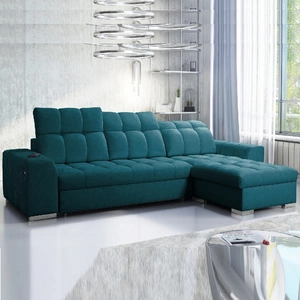 Narożnik z funkcją spania Luigi turkusowy prawostronny narożnik z dwoma pojemnikami na pościel tkanina o ciekawej strukturze