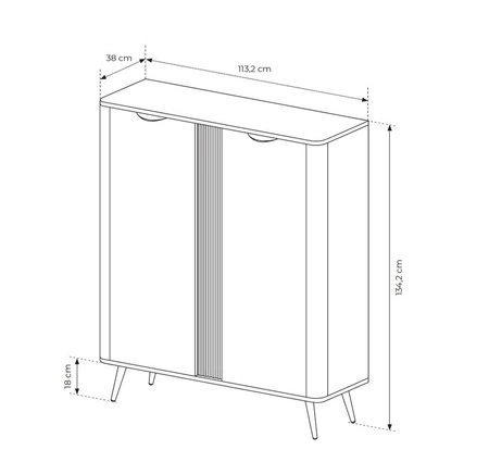 Komoda wysoka Veris 113 cm dąb dunin / czarny stylowe zaokrąglone krawędzie ozdobna ryflowana listwa podkreśla oryginalny design