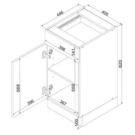 Szafka kuchenna stojąca z szufladą i półką Clara D40 S/1 pojemna szafka odporna na działanie wilgoci i uszkodzenia metalowe uchwyty