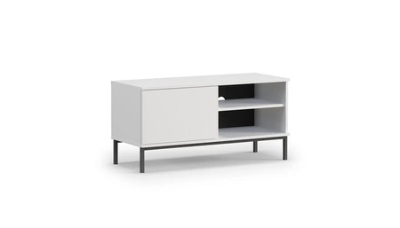 Szafka RTV Tutti 100 cm biała prosta forma szafki osadzona na metalowej podstawie w kolorze czarnym elegancka stylistyka