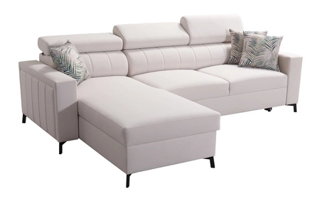 Narożnik z funkcją spania Savona granatowy / biały lewostronny elegancki narożnik z regulowanymi zagłówkami dekoracyjne przeszycia