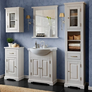 Zestaw mebli łazienkowych Romantic biały eleganckie drewniane szafki do łazienki w stylu klasycznym gustowne metalowe uchwyty