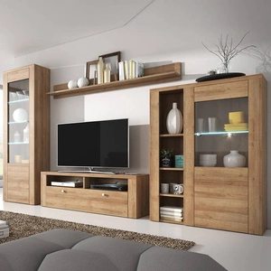 Meblościanka Larona dąb riviera prosta forma mebli w nowoczesnym wydaniu elementy z szkła hartowanego