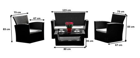 Zestaw mebli ogrodowych Unico czarny niezwykle elegancki zestaw z sofą i fotelami idealne meble do ogrodu funkcjonalny stolik z półką