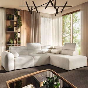 Narożnik z funkcją spania Cantare VII kremowy prawostronny narożnik z pojemnikiem na pościel wykonany z trwałej tkaniny typu plusz