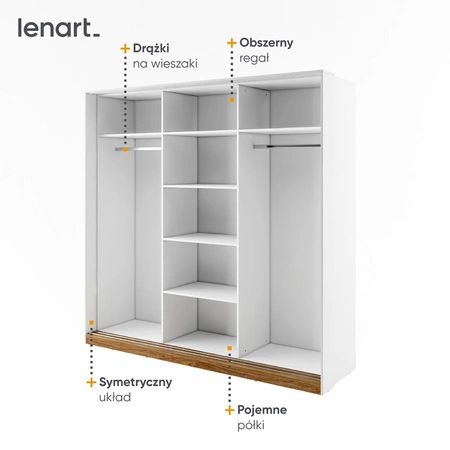 Szafa przesuwna z lustrem Dentro 220 cm biały / dąb stirling stylowa pojemna szafa do sypialni lub przedpokoju wyposażona w dwa drążki