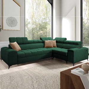 Narożnik z funkcją spania Bolmso II zielony prawostronny narożnik z pojemnikiem na pościel szuflada z pełnym wysuwem w boczku mebla