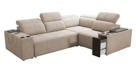 Narożnik z funkcją spania Tesalia II Lux miodowy prawostronny wygodny narożnik z przesuwanym oparciem oraz wysuwanym podnóżkiem