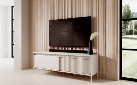 Szafka RTV Sesti 154 cm beżowa elegancka forma mebla w nowoczesnym stylu system otwierania push to open stabilna metalowa podstawa