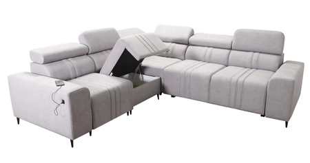 Narożnik z funkcją spania Castel III szary brąz lewostronny narożnik z dwoma pojemnikami na pościel regulowane zagłówki