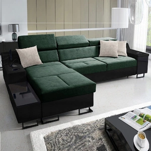 Narożnik z funkcją spania Alcamo zielony / czarny lewostronny elegancki i stylowy narożnik z dostawką praktyczna szuflada w boczku mebla