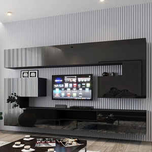 Meblościanka Selasia czarna / czarny połysk stylowe bezuchwytowe bryły designerska meblościanka do salonu lub pokoju dziennego