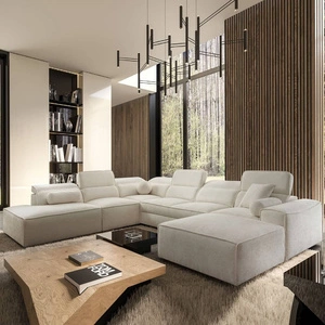 Narożnik z funkcją spania Viano X kremowy prawostronny designerski narożnik do salonu w nowoczesnym stylu regulowane zagłówki