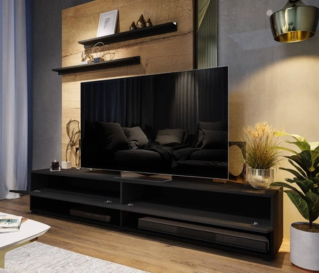 Szafka RTV Nea 180 cm czarna / czarny połysk z możliwością powieszenia i półkami stylowy design wpisujący się w każde wnętrze