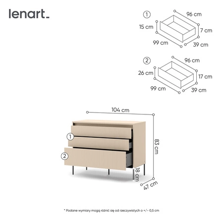 Komoda z szufladami Trend 104 cm beżowa elegancka komoda o ciekawym designie ryflowane fronty podkreślone subtelnym oświetleniem