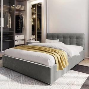 Łóżko tapicerowane Mona 160x200 szare z pojemnikiem w nowoczesnym skandynawskim stylu z pikowanym zagłówkiem z kryształkami