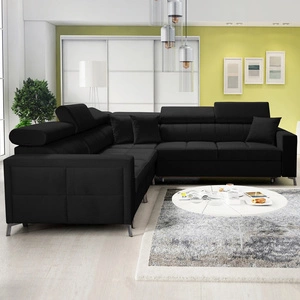 Narożnik z funkcją spania Nausa IV czarny lewostronny velvet dekoracyjne przeszycia na siedzisku narożnik z pojemnikami na pościel