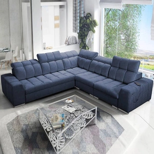 Narożnik z funkcją spania Luigi III niebieski prawostronny komfortowy narożnik do salonu doskonały do codziennego wypoczynku