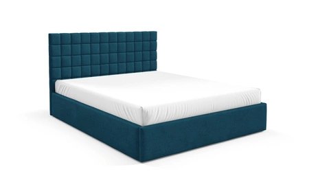 Łóżko tapicerowane Graso 180x200 granatowe nowoczesne i eleganckie łóżko gustowny symetryczny wzór na wezgłowiu pojemnik na pościel