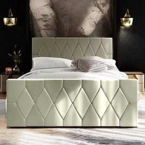 Łóżko tapicerowane Sparks 160x200 beżowe z pojemnikiem w nowoczesnym stylu z charakterystycznym wezgłowiem oraz z zanóżkiem