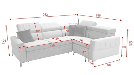Narożnik z funkcją spania Rava II grafitowy prawostronny velvet komfortowy narożnik z pojemnikiem na pościel wielofunkcyjna lampka