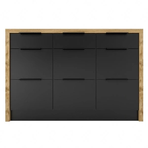 Wyspa kuchenna z szufladami Mina 127 cm dąb artisan / czarny funkcjonalny i pojemny mebel kuchenny z metalowymi uchwytami krawędziowymi