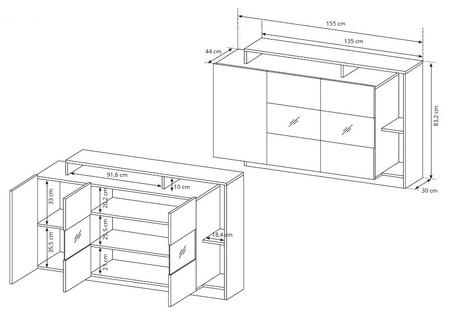 Komoda Elma 155 cm dąb grandson / biały nowoczesny design mebla obrzeża komody wykończone specjalną okleiną ABS
