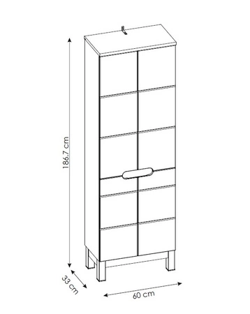 Słupek łazienkowy Bali 60 cm biały połysk / dąb wotan stylowa pojemna szafka do łazienki z frezowanymi uchwytami stabilna podstawa