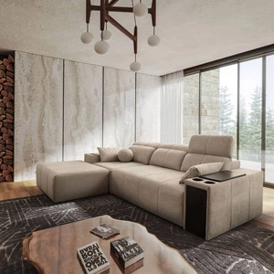 Narożnik z funkcją spania Tesalia beżowy lewostronny nowoczesny design komfortowe przesuwane oparcie szuflada w boczku mebla